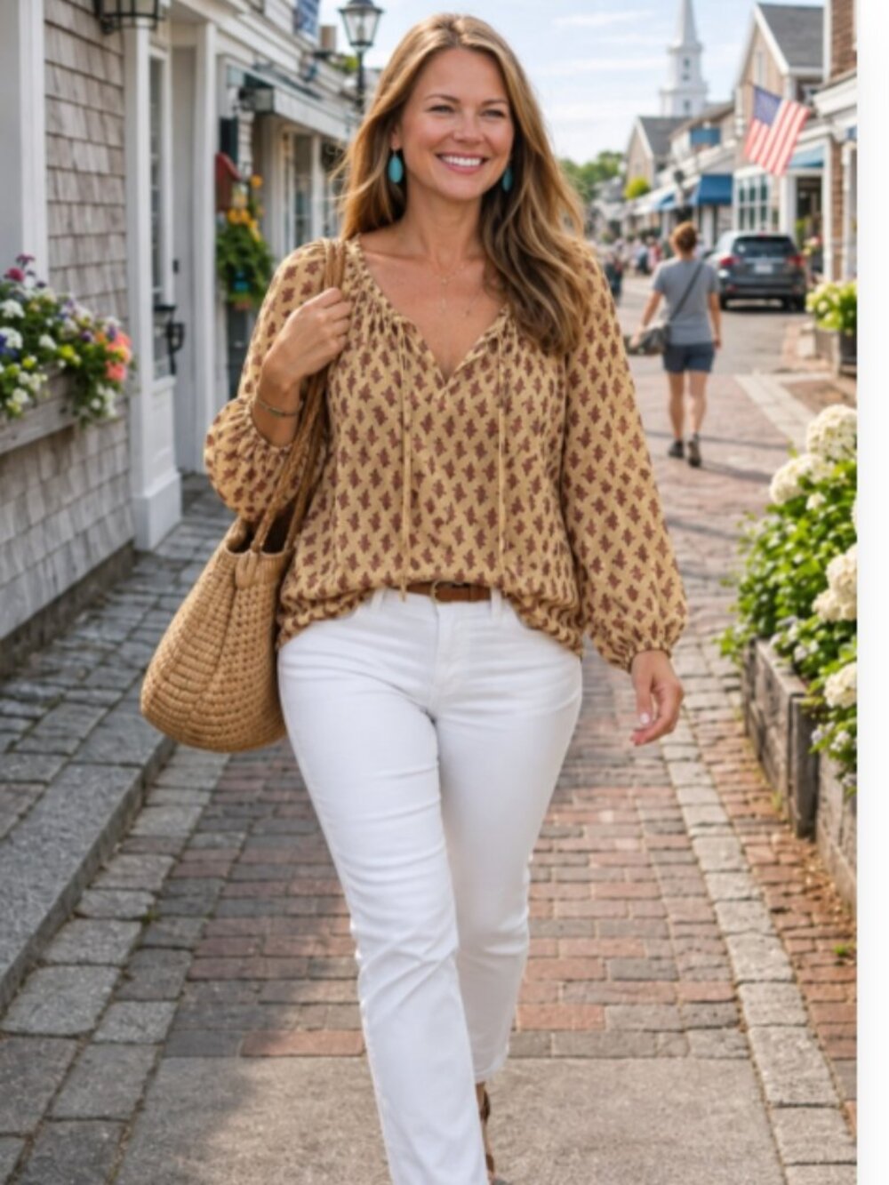 Lucky Brand Tan Rust Boho Block Print Peasant Top Size Medium